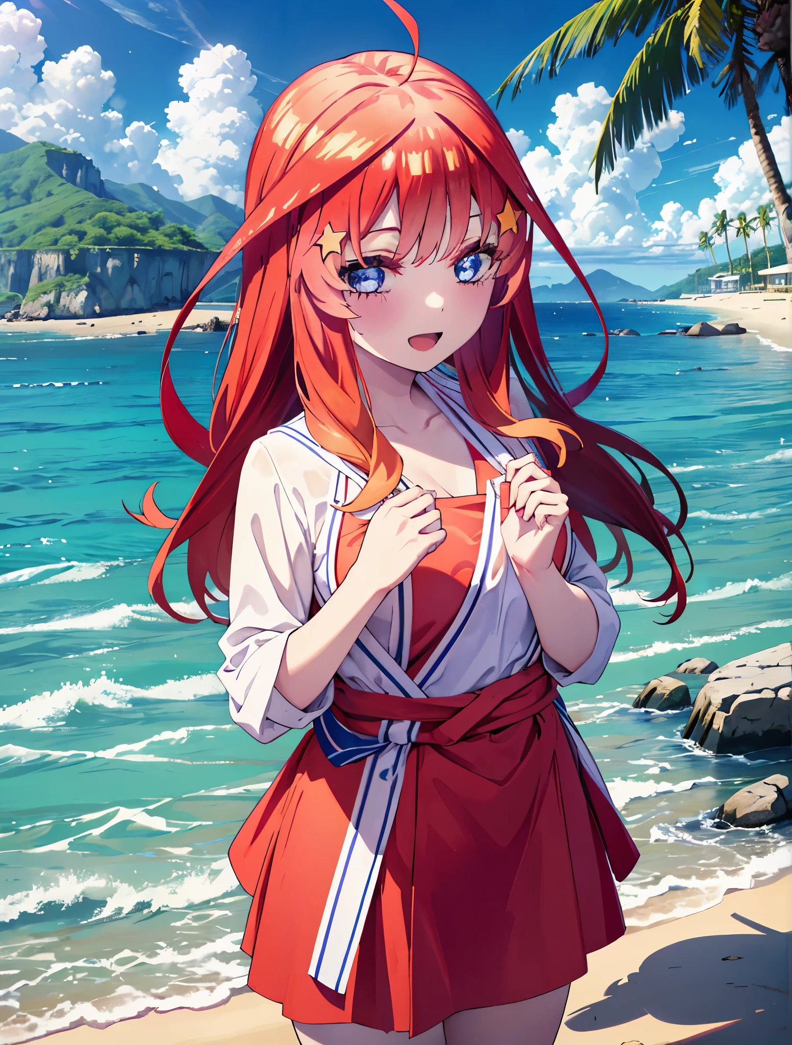 itsukinakano, itsuki nakano, bangs, blue eyes, hair between eyes, Ahoge, redhead, star \(symbol\), hair ornaments, star hair ornaments,happy smile, smile, open your mouth,skirt,big straw hat,Red Bikini Swimsuit,naked belly,A pale red blanket is wrapped around his waist.., (beach salon),  big breasts,((salon)), beach outfit,real summer,Palm tree,
break outdoors, beach,
break looking at viewer, (cowboy shot:1.5),
break (masterpiece:1.2), highest quality, High resolution, unity 8k wallpaper, (shape:0.8), (fine and beautiful eyes:1.6), highly detailed face, perfect lighting, Very detailed CG, (perfect hands, perfect anatomy),