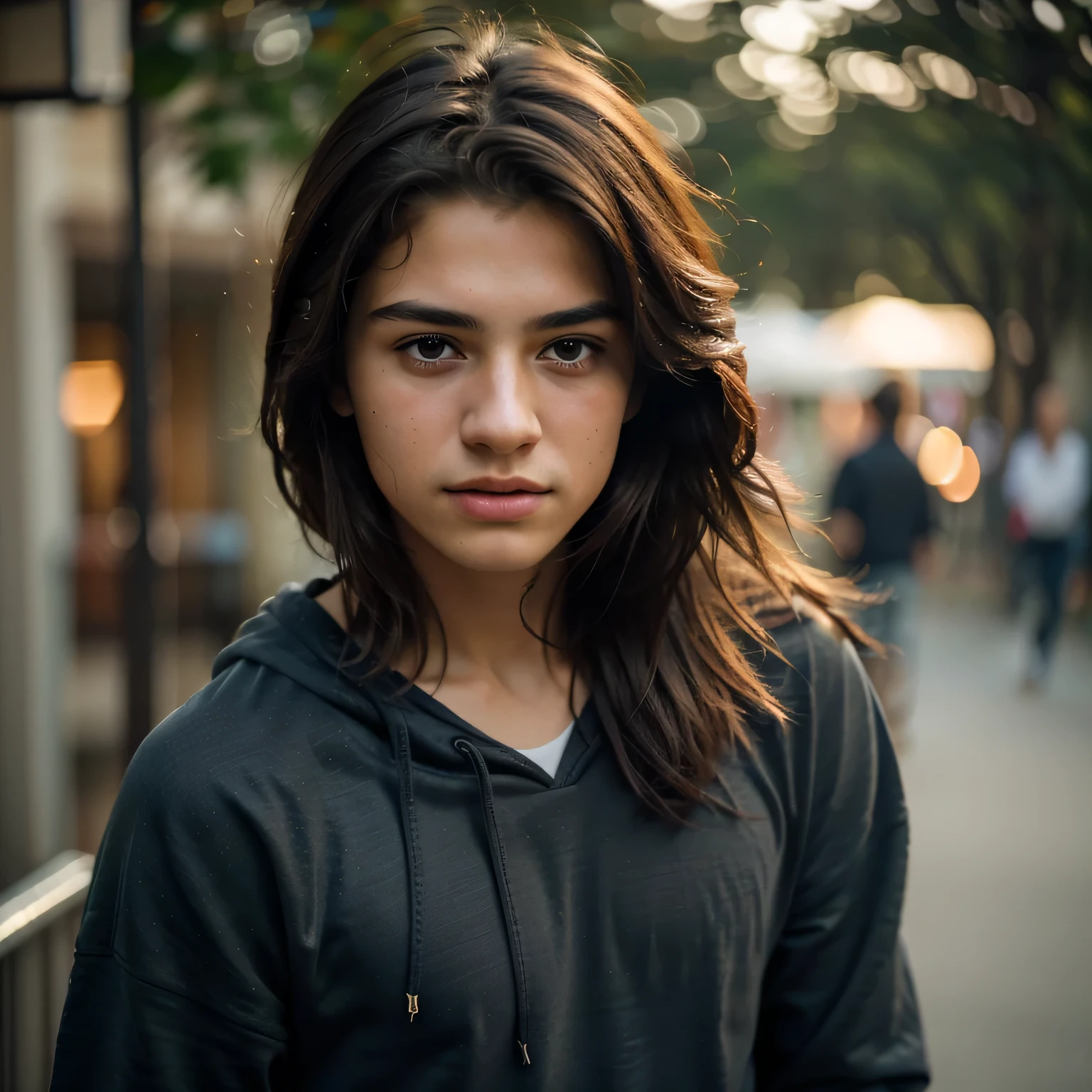 (8k, RAW photo, best quality, masterpiece:1.2), (realistic, photo-realistic:1.37), ultra-detailed, masterpiece HDR high quality Picture a young boy, 17 years old, handsome man, long black messy hair to his shoulder, sharp eyes, blue hoodie, working on the smartphone, expressing a sense of perplexity and curiosity, with a touch of humor, creating a warm and relaxed atmosphere, captured in high resolution (best quality, 4k), with ultra-detailed features, realistic colors, and a touch of bokeh, reminiscent of a candid snapshot.