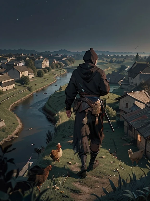 Cartoon style pictures ,(Europe),(Shooting from above),man,midnight,Overall black tone,farmer装束,rags, Medieval dilapidated countryside village,farmland,river,torch,horse,farmer,Chicken and duck,sheep,ox,companion,Soldier,laboeld,farming,(Hood,Wear a hood,In the shadows,Faceless,健壮的man, strong, shabby),dynamic poses, ((Turn your back to the camera,look into the distance,not looking at camera)),
