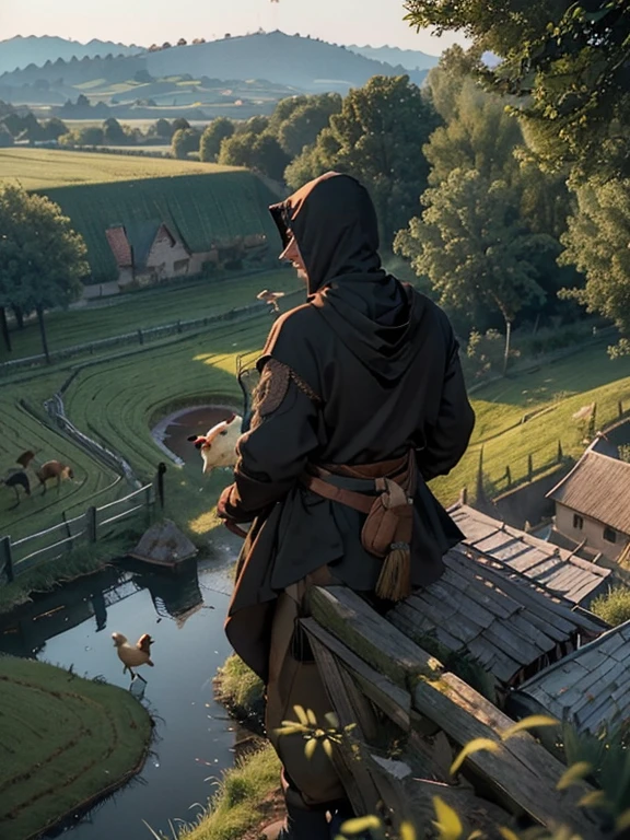 Cartoon style pictures ,(Europe),(Shooting from above),man,midnight,Overall black tone,farmer装束,rags, Medieval dilapidated countryside village,farmland,river,torch,horse,farmer,Chicken and duck,sheep,ox,companion,Soldier,laboeld,farming,(Hood,Wear a hood,In the shadows,Faceless,健壮的man, strong, shabby),dynamic poses, ((Turn your back to the camera,look into the distance,not looking at camera)),