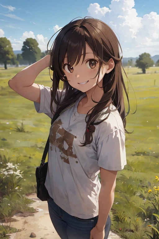 girl,brown hair,dirty clothes,dirty hair,Are standing,grassland,smile