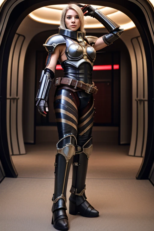 ((best quality)), ((masterpiece)), (detailed), perfect face, playful 20 year old woman, muscular and athletic body.  Sensual pose. Inside a spaceship, wearing highly detailed futuristic skimpy mandalorian armor