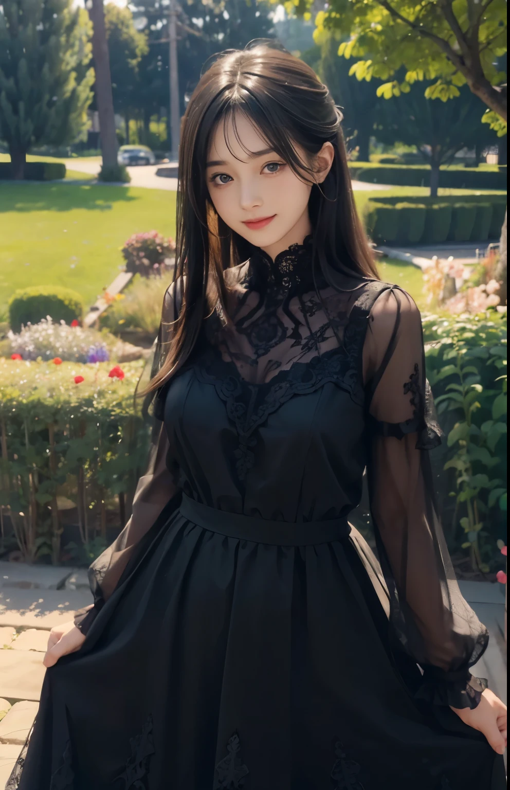 (ultra realistic) , (illustration), (increase resolution), (8K), (extremely detailed), (best illustration), (beautiful detailed eyes), (best quality), (ultra-detailed), (masterpiece),  (wallpaper), (detailed face), solo,1 girl, looking at viewers, black straight hair, delicate details,  in the dark, deep shadow, low key, pureerosfaceace_v1, happy smile, dark summer dress, full body, garden