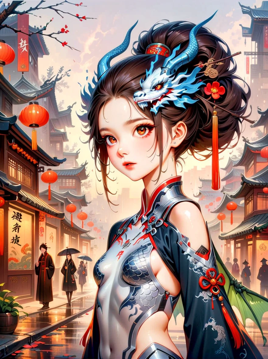 Works of Chinese style masters，(best quality, 4K, high resolution, masterpiece:1.2)，Super detailed，lifelike，shining，Traditional Chinese ink painting, willow branches, Wu Changshuo, ((masterpiece)), best quality, illustration, 1 girl, small breasts, beautiful detailed eyes, beautiful detailed cyberpunk city, flat chest, beautiful detailed hair, wavy hair, beautiful detailed street, mecha clothes, robot girl, cool movement, silver bodysuit, (filigree), dragon wings, colorful background, a dragon stands behind the girl, rainy days, {lightning effect}, beautiful detailed silver dragon armor, (cold face)，composition，Dazzling colors，Stunning visual effects，otherworldly appearance，Fascinating artistry