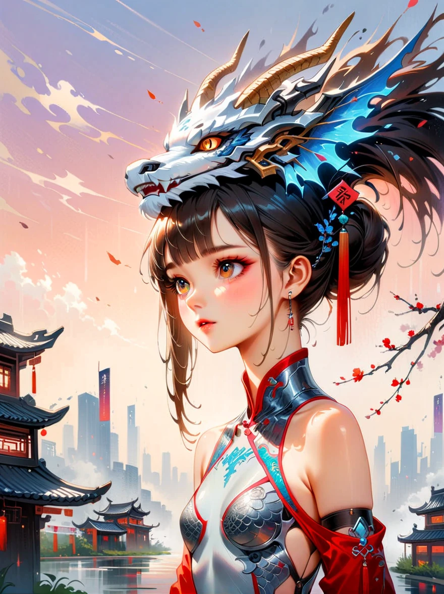 Works of Chinese style masters，(best quality, 4K, high resolution, masterpiece:1.2)，Super detailed，lifelike，shining，Traditional Chinese ink painting, willow branches, Wu Changshuo, ((masterpiece)), best quality, illustration, 1 girl, small breasts, beautiful detailed eyes, beautiful detailed cyberpunk city, flat chest, beautiful detailed hair, wavy hair, beautiful detailed street, mecha clothes, robot girl, cool movement, silver bodysuit, (filigree), dragon wings, colorful background, a dragon stands behind the girl, rainy days, {lightning effect}, beautiful detailed silver dragon armor, (cold face)，composition，Dazzling colors，Stunning visual effects，otherworldly appearance，Fascinating artistry