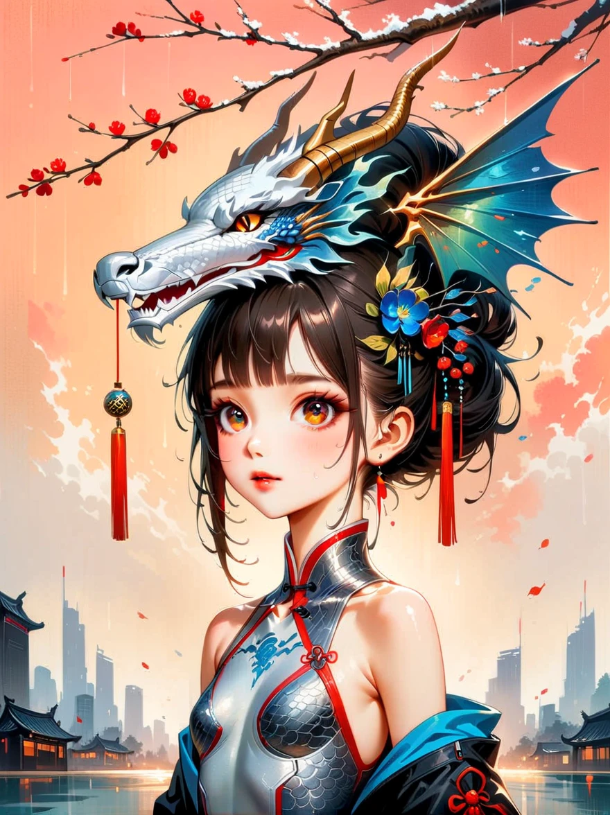Works of Chinese style masters,(best quality, 4K, high resolution, masterpiece:1.2),Super detailed,lifelike,shining,Traditional Chinese ink painting, willow branches, Wu Changshuo, ((masterpiece)), best quality, illustration, 1 girl, small breasts, beautiful detailed eyes, beautiful detailed cyberpunk city, flat chest, beautiful detailed hair, wavy hair, beautiful detailed street, mecha clothes, robot girl, cool movement, silver bodysuit, (filigree), dragon wings, colorful background, a dragon stands behind the girl, rainy days, {lightning effect}, beautiful detailed silver dragon armor, (cold face),composition,Dazzling colors,Stunning visual effects,otherworldly appearance,Fascinating artistry