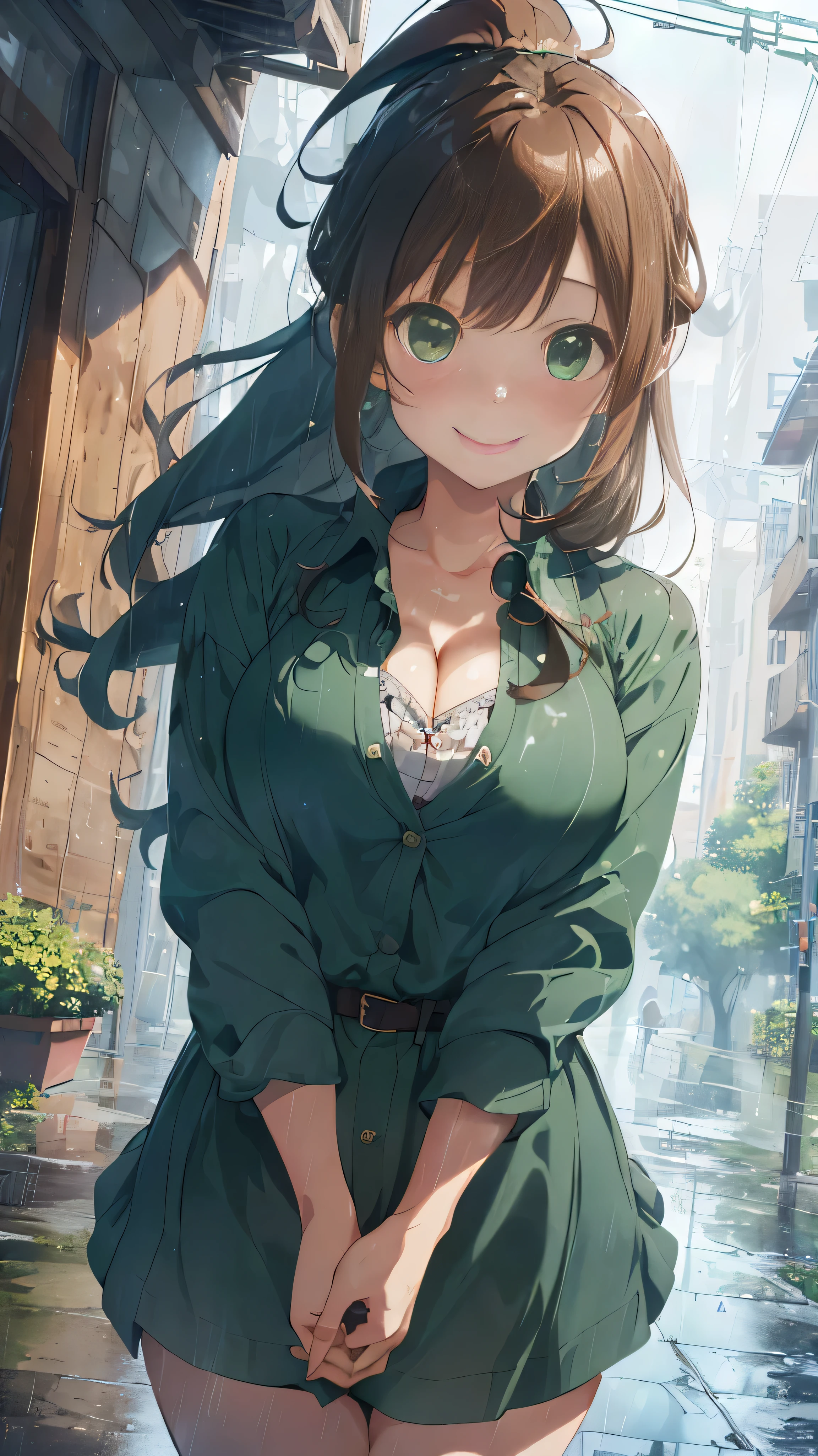(Masterpiece, Best Quality, Official Art, (Highly Detailed CG Unity 8k wallpaper), Detailed background,
1 beautiful woman, , JK, Uniform, Rainy Day, Lots of Rain, Windy,
Curvaceous, (White Thighs: 1.12), (Brown Long Hair: 1.12), (Ahoge (1.13), high ponytail: 1.12),
(Green eyes: 1.13), big, (Cleavage), beautiful face, (Blush: 1.11), (Smile: 1.11)
This
