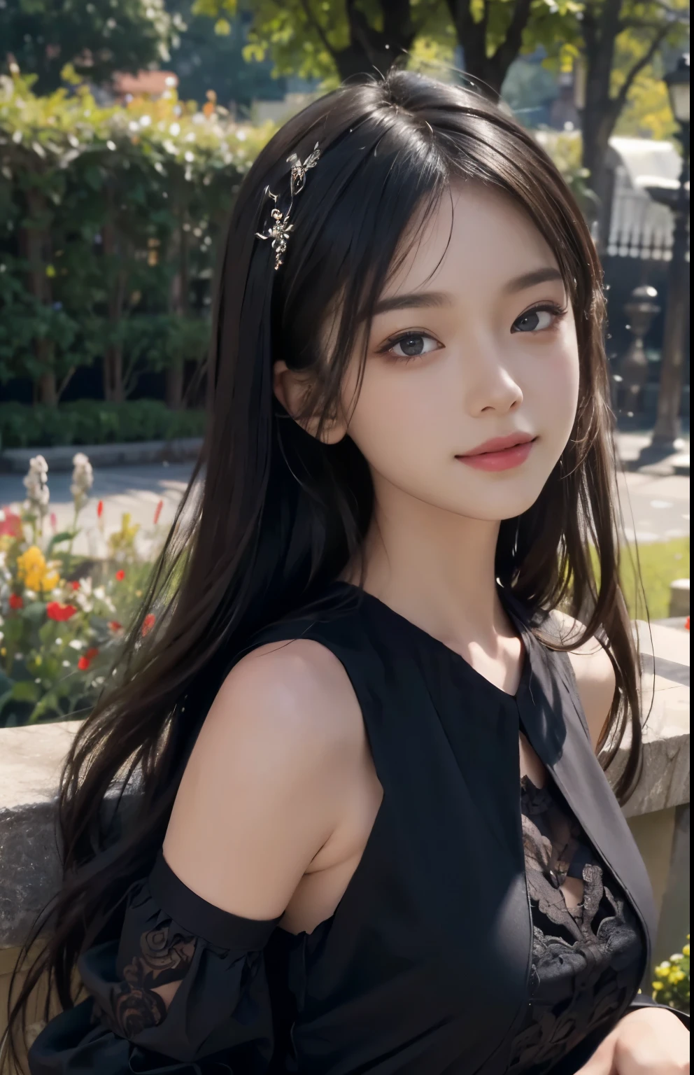 (ultra realistic) , (illustration), (increase resolution), (8K), (extremely detailed), (best illustration), (beautiful detailed eyes), (best quality), (ultra-detailed), (masterpiece),  (wallpaper), (detailed face), solo,1 girl, looking at viewers, black straight hair, delicate details,  in the dark, deep shadow, low key, pureerosfaceace_v1, happy smile, dark summer dress, full body, garden