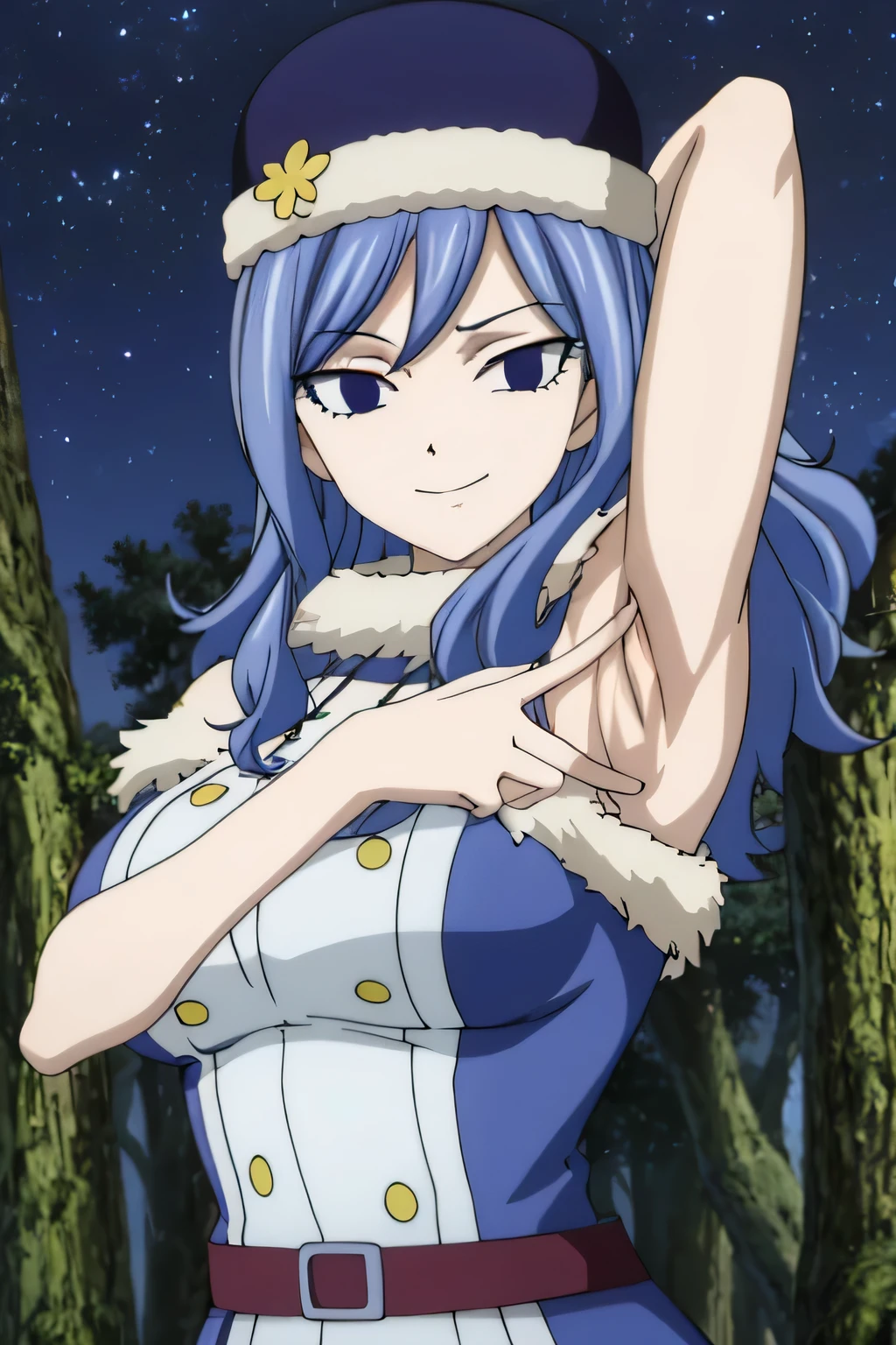 masterpiece, absurdres , (intricate details), (colorful), bust shot, extremely detailed CG unity 8k wallpaper, juviagmg, 1girl, looking at viewer, solo, night sky, forest, arms behind head, contrapposto, spread armpits, closed mouth, smile, upper body,