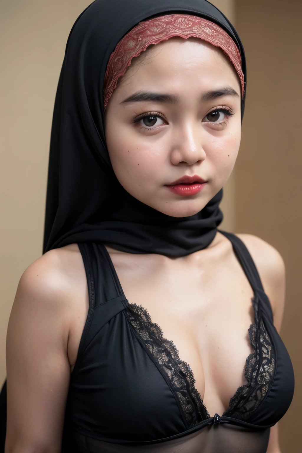 Wearing Lace Lingerie, (((HIJAB MALAY GIRL))), masutepiece, High quality, UHD 32K, Realistic face, Realistic skin feeling , A Japanese Lady, , , Very cute and baby-like face, (((FLAT CHEST))), (MATRIX WORLD), ((look In front at the camera and SADNESS)), (((CUTE GIRL))), ((RED LIPS)), ((CHUBBY)), (undress, Grey And Black, (Heavy Breasts), (Heavy Boobs), (Heavy Tits), (Heavy Nipple), (Saggy Breasts)