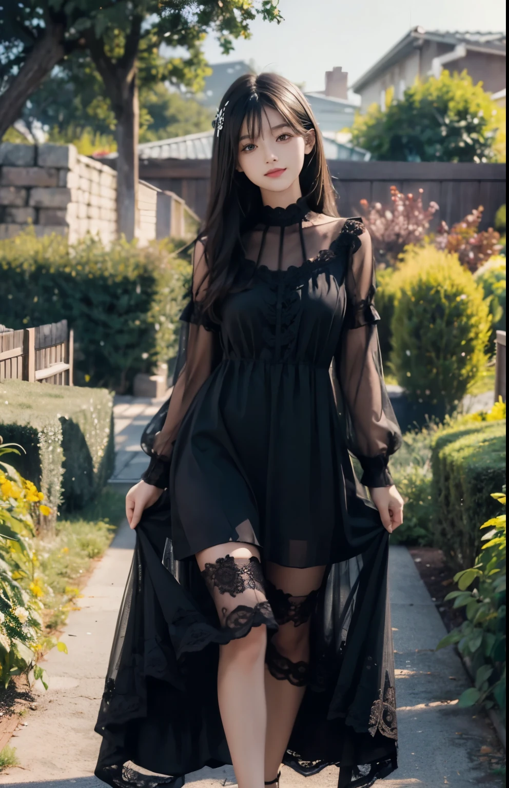 (ultra realistic) , (illustration), (increase resolution), (8K), (extremely detailed), (best illustration), (beautiful detailed eyes), (best quality), (ultra-detailed), (masterpiece), (wallpaper), (detailed face), solo,1 girl, looking at viewers, black straight hair, delicate details, in the dark, deep shadow, low key, pureerosfaceace_v1, happy smile, dark summer dress, full body, garden