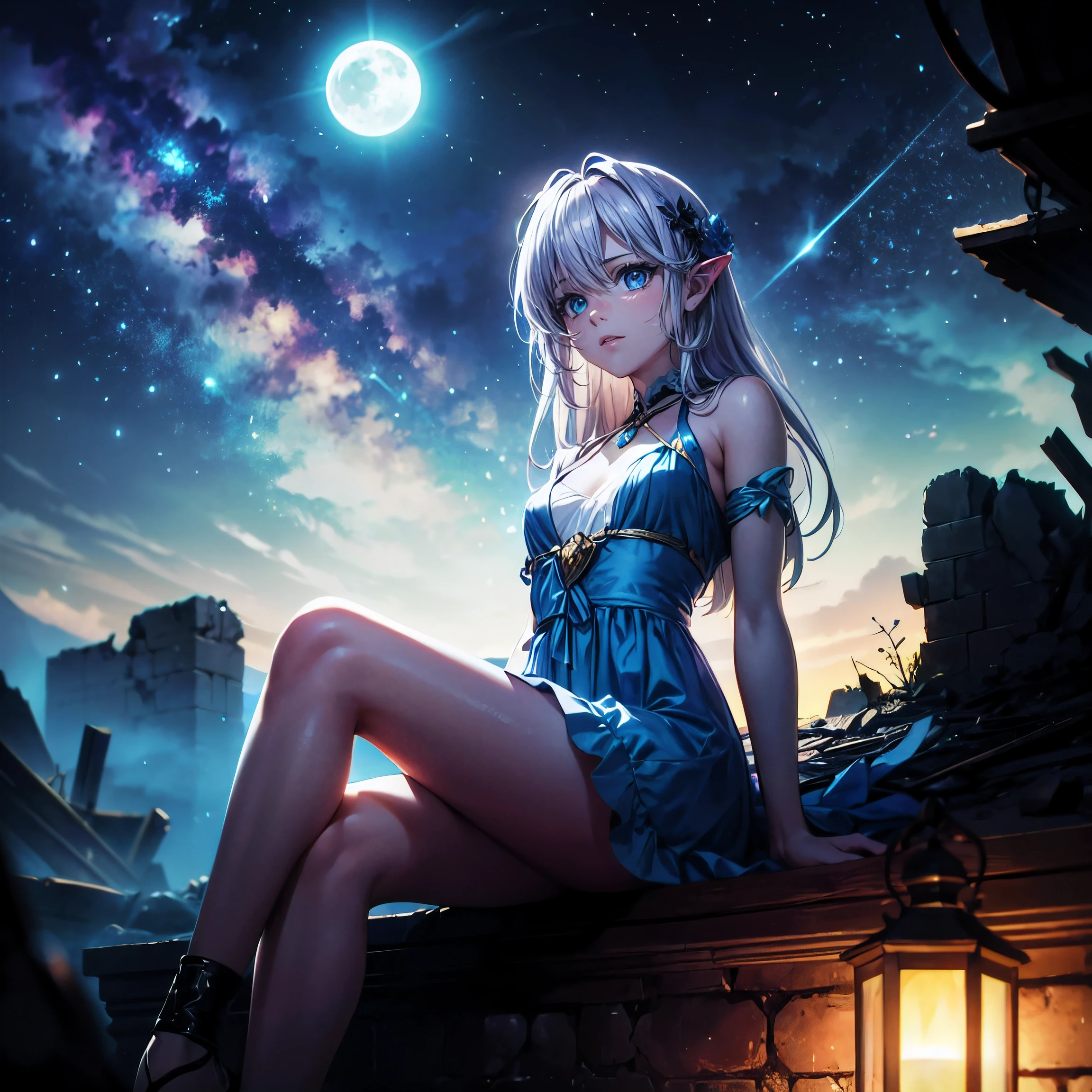 (masterpiece,best quality,ultra-detailed), CG, award winning, ccurate, UHD, textured skin, chromatic aberration, perfect anatomy, Fujicolor, fantasy, ung nymph sitting aside stream near the ruin, at night, fantastical starry sky, small breasts, short body, silver semi-long hair, innocent blue eyes, wearing graceful azure dress, resting, light particles, moon light, illusory scene