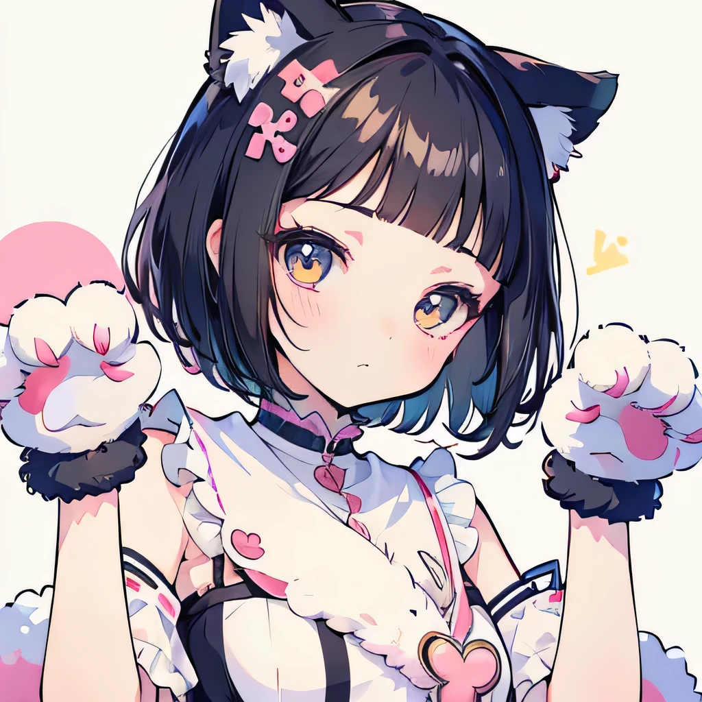 Girly girl, flat, harajuku, posing, black hair, innocent, face focus, face close-up, very short bangs, cute, white background, short hair, furry, neko girl, paws, adorable, kitty girl, claws, honey eyes, paw gloves