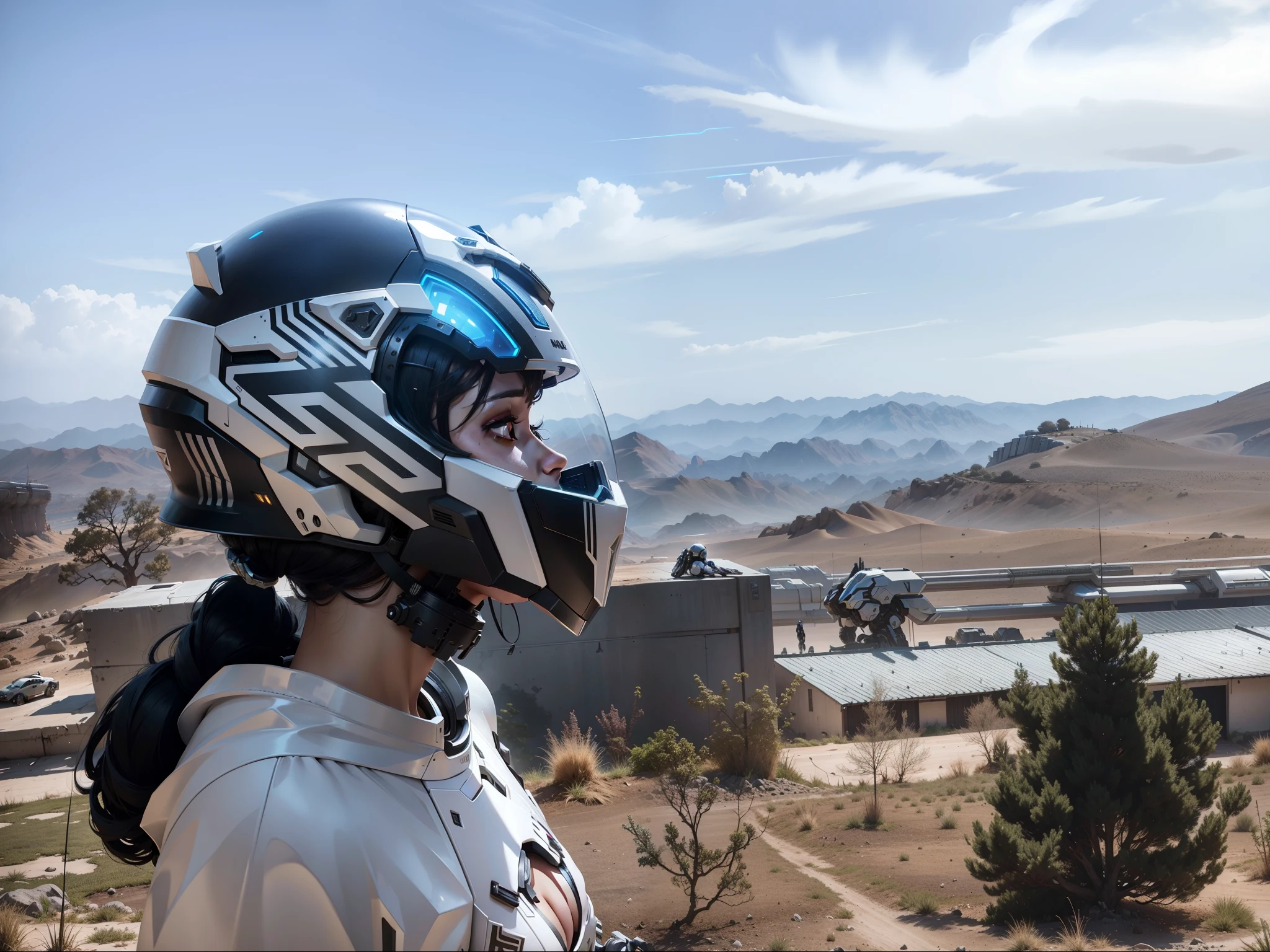Sexy cyberpunk female knight，White mech costume，Black Tech helmet，Noor， Biomechanics SHN Woman，High-tech helmet，Surreal， steel， complex design， Very detailed Very detailed， The lines are extremely clear， movie lighting， Real shot， detailed masterpiece
