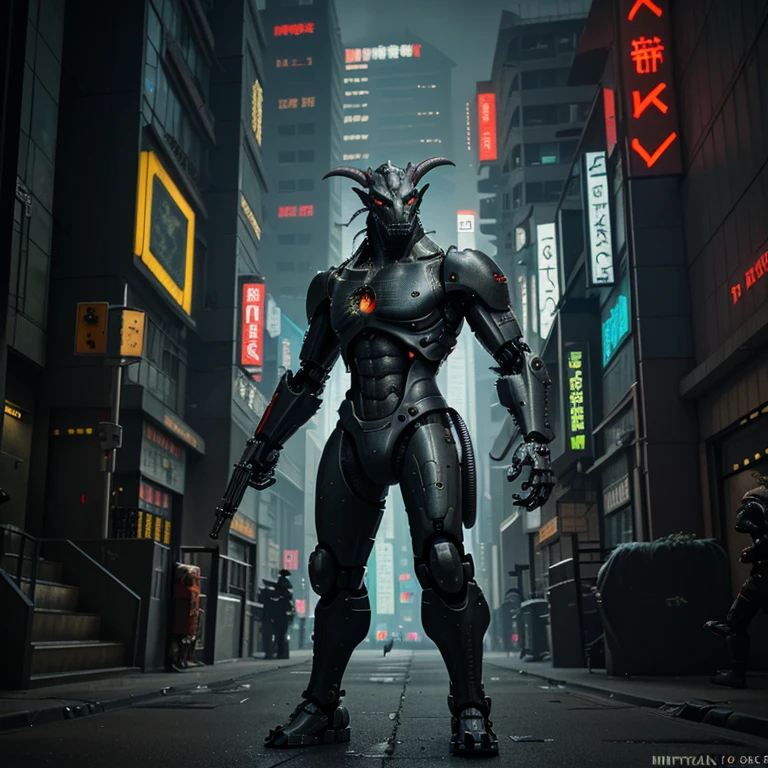 dragon,Mechanical,standing holding a gun,in the city,cyberpunk style