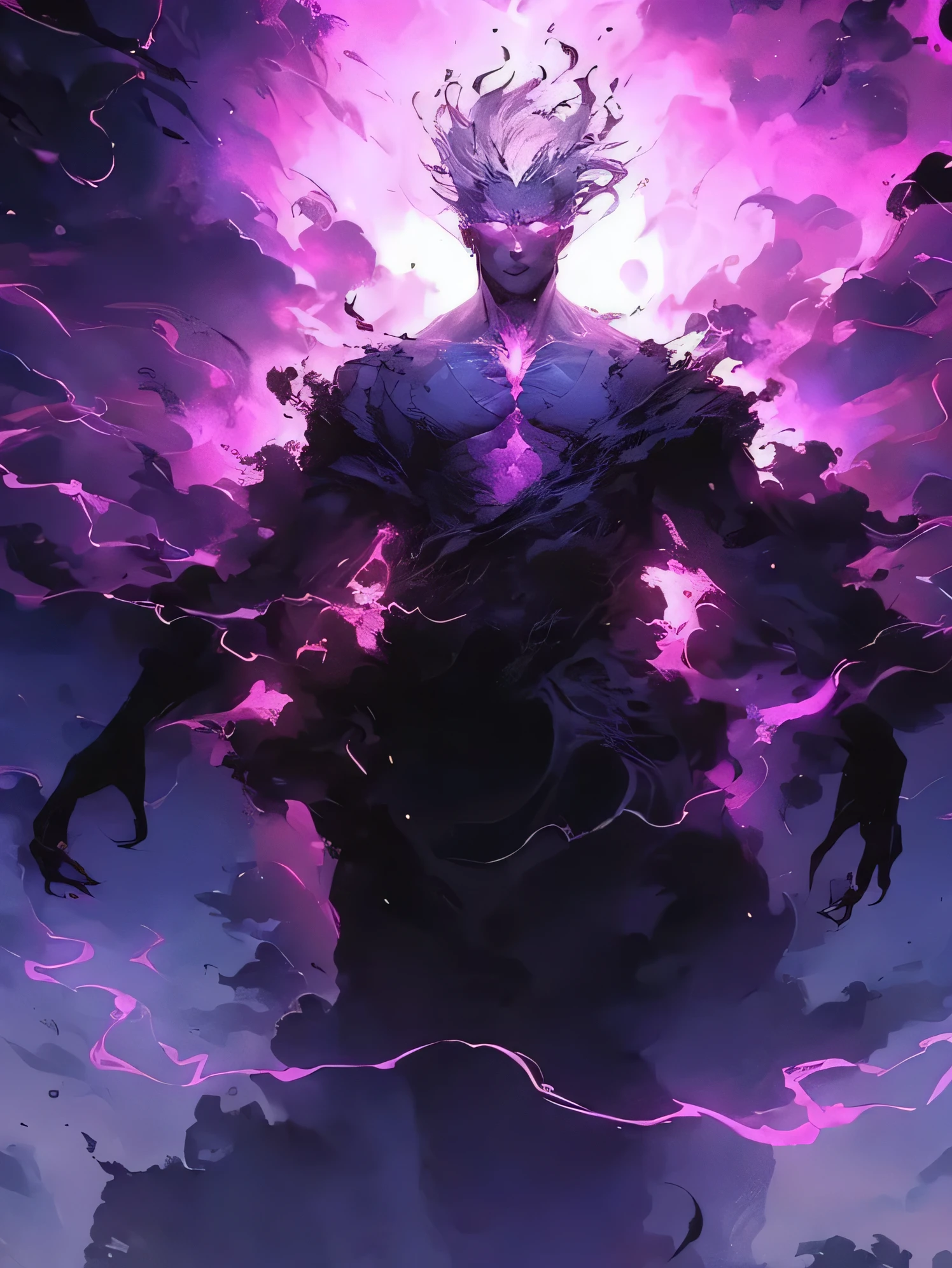 a close up of a person stanDing in front of a purple light, Demon soul concept art, male Djinn man Demon hybriD, the former Demon king, Djinn man male Demon, elDritch goD, Demon lorD, Transform into his final form, purple fire arounD magic arena, Lich Facts (D&D), painteD in the style arcane