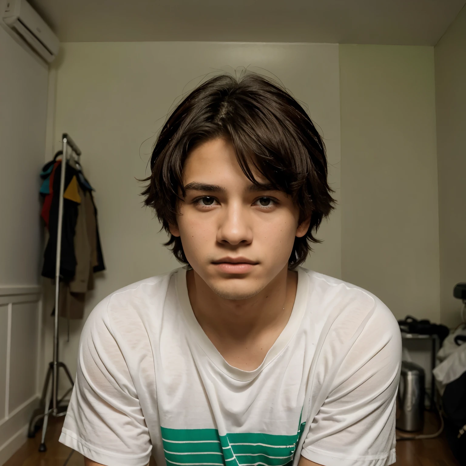 makes an image of a 17 year old teenage boy, cabello negro corto y desordenado,ojos verdes claro, piel blanca y con una cicatriz en la mejilla izquierda, vestimenta de chico estudioso pero que NO lleve lentes