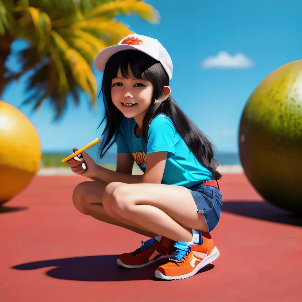 Fruit Girl，45 degrees，Mini Equidistant, Squat，Cheerful，very happy, 1girl,alternate costume,animal ears,bare legs,black hair,blue shorts,blurry,blurry background,blurry foreground,brown eyes,denim,denim shorts,depth of field,full body,gradient,hand on own knee,hat,lips,long hair,looking at viewer,multicolored hair,nose,open mouth,orange background,outdoors,photo \(medium\),realistic,red footwear,shadow,shirt,shoelaces,shoes,short sleeves,shorts,signature,smile,sneakers,solo,squatting,straw hat,t-shirt,tail,v,white shirt