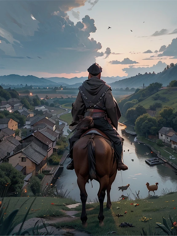 Cartoon style pictures ,(Europe),(Shoot from above),man,midnight,The overall color is black,farmer装束,rag,Brownish-gray, Ruined medieval village,farmland,river,torch,horse,farmer,Chicken and duck,sheep,ox,companion,Soldier,Laborde,agriculture,(hood,戴上hood,in the shadows,faceless,健壮的man, Strong, old),dynamic poses, ((Turn your back to the camera,look into the distance,not looking at camera)),