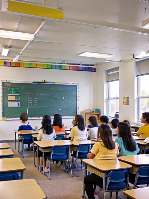 Image Description: The classroom presents a lively atmosphere. In the bright classroom, a group of  gather together, divided into several small groups, earnestly discussing issues. Some students hold pens and paper, recording their thoughts and discussions. Some students smile as they present their unique perspectives on the issues, while others listen attentively to others' viewpoints, pondering how to contribute their own answers. The walls of the classroom are adorned with colorful works and charts, displaying the research findings and discussions of the students. The entire scene is filled with vitality and the spirit of learning, showcasing elementary school studentsg and exploring issues in the classroom.