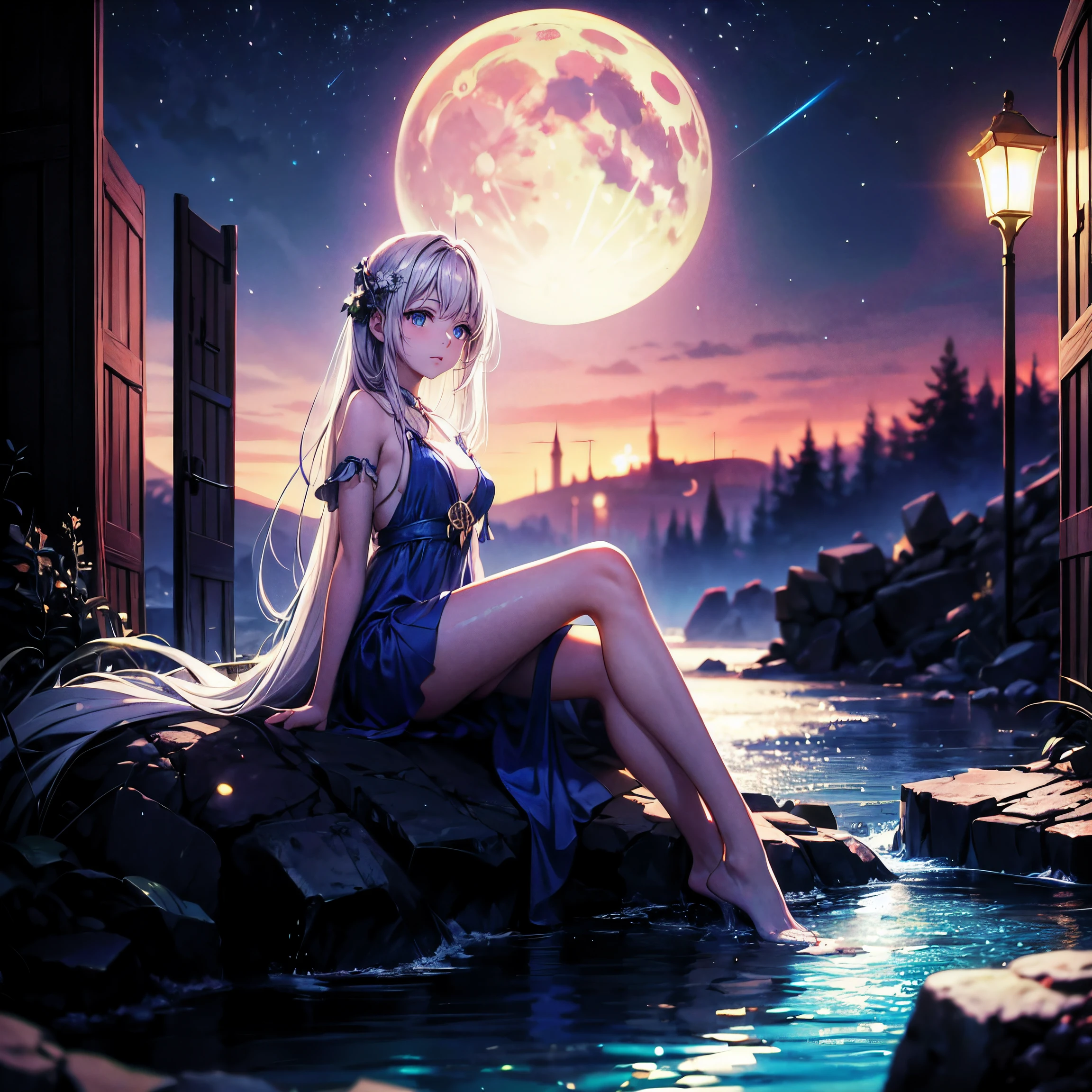 (masterpiece,best quality,ultra-detailed), CG, award winning, ccurate, UHD, textured skin, chromatic aberration, perfect anatomy, Fujicolor, fantasy, ung nymph sitting aside stream near the ruin, at night, fantastical starry sky, small breasts, short body, silver semi-long hair, innocent blue eyes, wearing graceful azure dress, resting, light particles, moon light, illusory scene