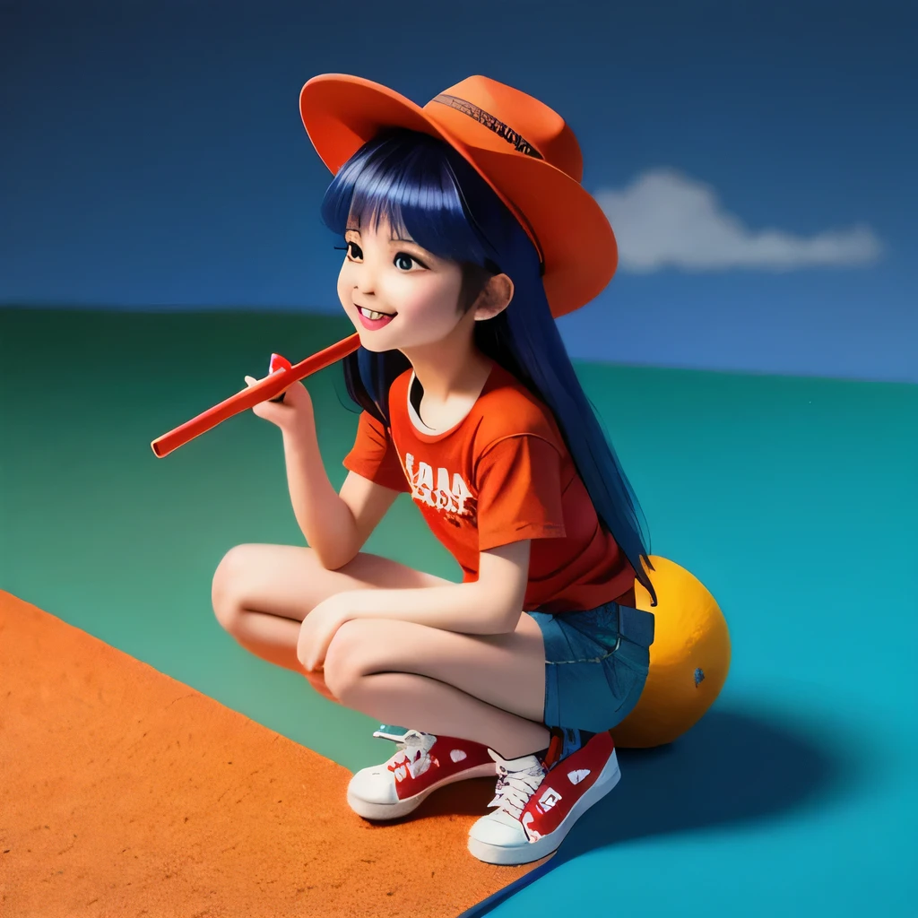 Fruit Girl，45 degrees，Mini Equidistant, Squat，Cheerful，very happy, 1girl,alternate costume,animal ears,bare legs,black hair,blue shorts,blurry,blurry background,blurry foreground,brown eyes,denim,denim shorts,depth of field,full body,gradient,hand on own knee,hat,lips,long hair,looking at viewer,multicolored hair,nose,open mouth,orange background,outdoors,photo \(medium\),realistic,red footwear,shadow,shirt,shoelaces,shoes,short sleeves,shorts,signature,smile,sneakers,solo,squatting,straw hat,t-shirt,tail,v,white shirt