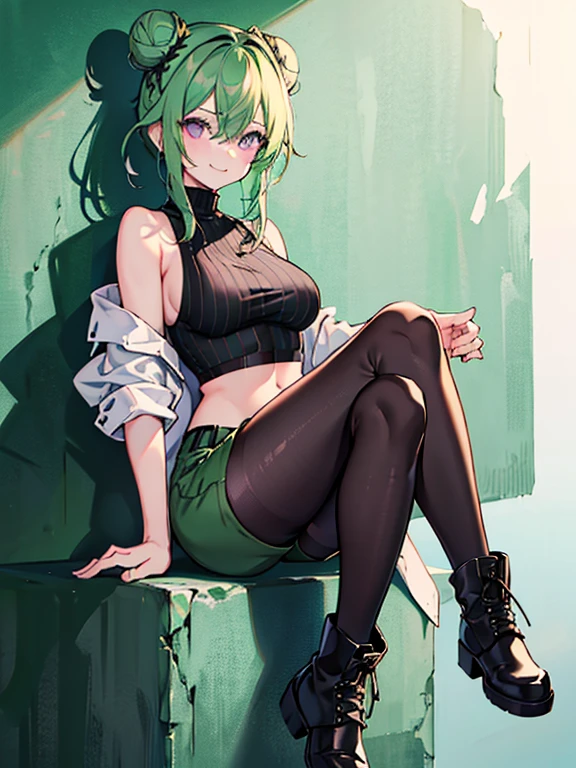 (highres), (best quality), (detailed) 1 girl, alone, medium hair, pastel green hair, twin buns, evil smile, violet eyes, round black sunglasses on head, black sleeveless turtleneck top, green shorts, dark brown boots, day time, abandoned place, wall, provoking pose