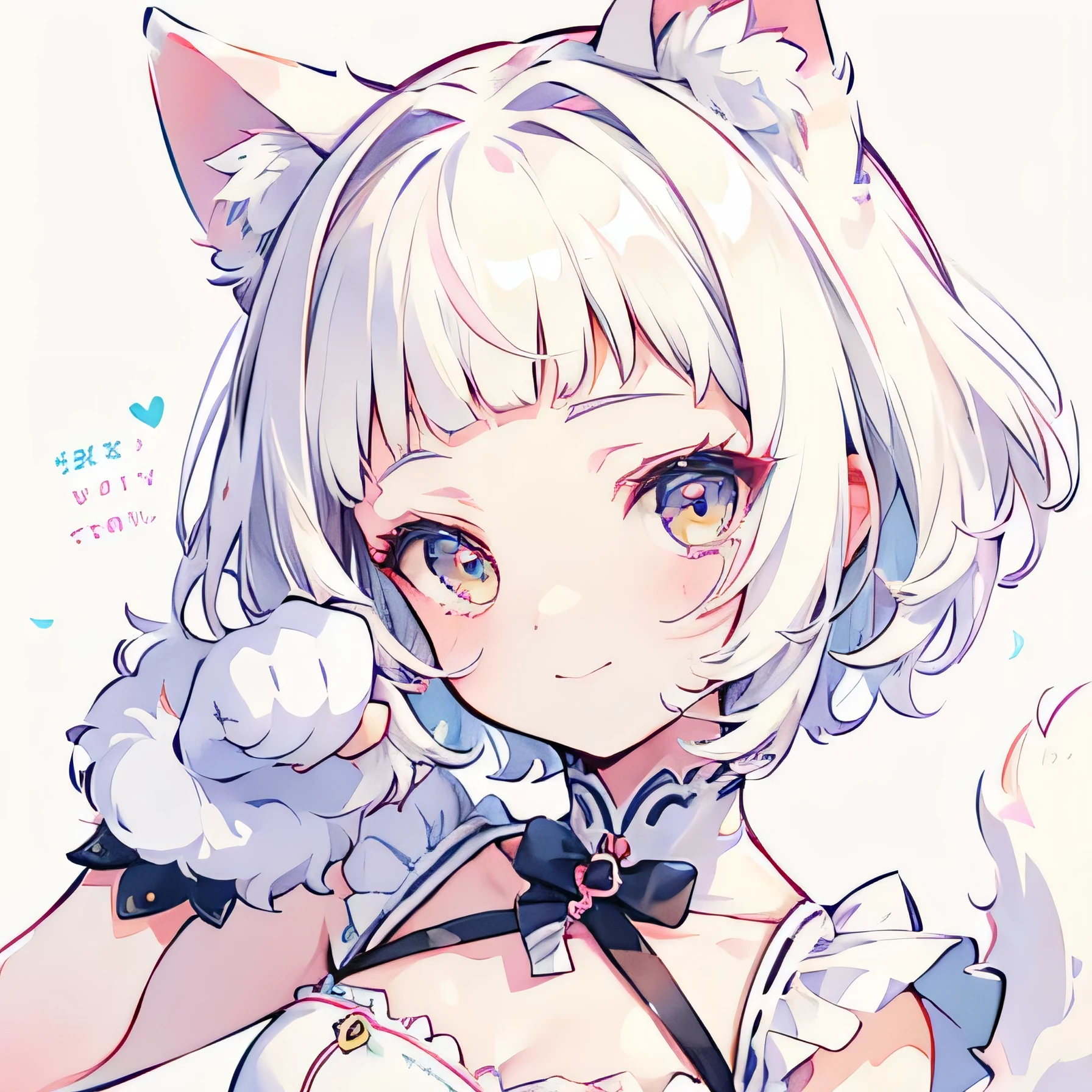 Girly girl, flat, posing, white hair, innocent, face focus, face close-up, very short bangs, cute, white background, short hair, furry, neko girl, paws, adorable, kitty girl, claws, honey eyes, paw gloves, happy, smiling, bubbly, bright