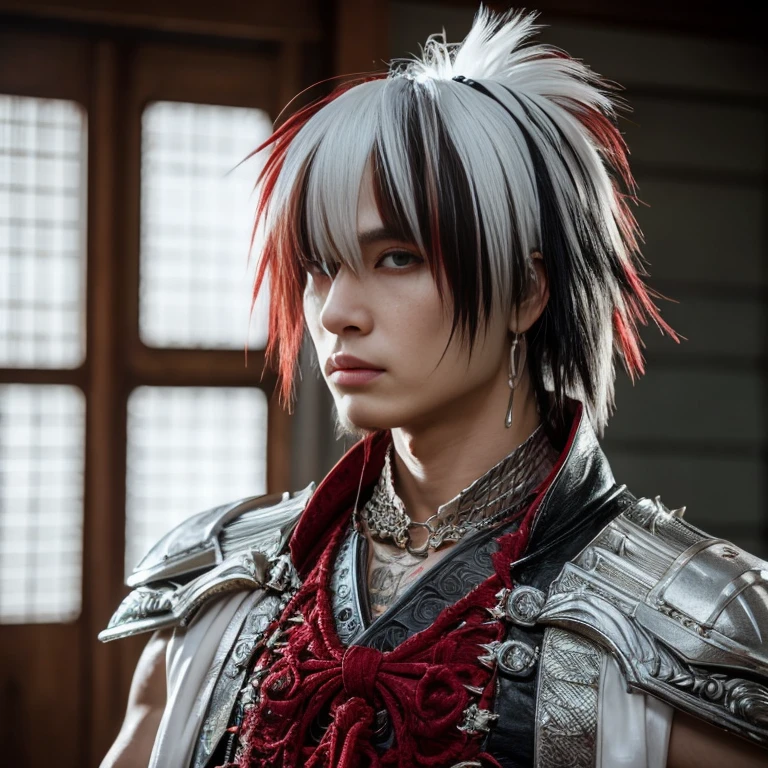1 man, Japanese man, male, Asian eyes, muscular, broad shoulders, dragon,hairstyle Visual Kei style, hair Visual Kei, outfit H.R. Giger white, ultra detailed face, hyperrealistic, realistic representation, 30 years old, ,age 30 years