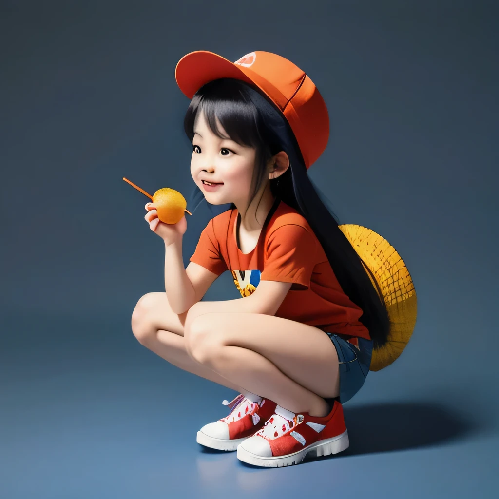 Fruit Girl，45 degrees，Mini Equidistant, Squat，Cheerful，very happy, 1girl,alternate costume,animal ears,bare legs,black hair,blue shorts,blurry,blurry background,blurry foreground,brown eyes,denim,denim shorts,depth of field,full body,gradient,hand on own knee,hat,lips,long hair,looking at viewer,multicolored hair,nose,open mouth,orange background,outdoors,photo \(medium\),realistic,red footwear,shadow,shirt,shoelaces,shoes,short sleeves,shorts,signature,smile,sneakers,solo,squatting,straw hat,t-shirt,tail,v,white shirt