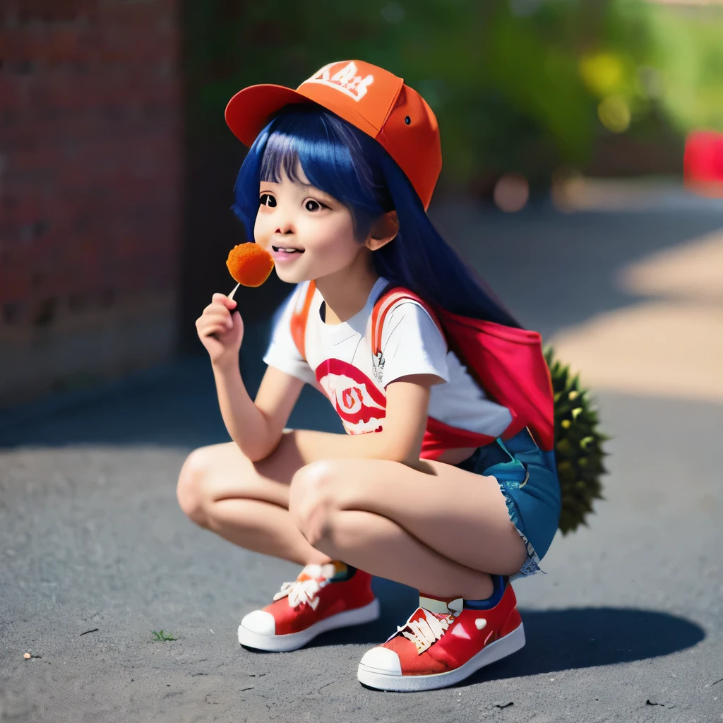 Fruit Girl，45 degrees，Mini Equidistant, Squat，Cheerful，very happy, 1girl,alternate costume,animal ears,bare legs,black hair,blue shorts,blurry,blurry background,blurry foreground,brown eyes,denim,denim shorts,depth of field,full body,gradient,hand on own knee,hat,lips,long hair,looking at viewer,multicolored hair,nose,open mouth,orange background,outdoors,photo \(medium\),realistic,red footwear,shadow,shirt,shoelaces,shoes,short sleeves,shorts,signature,smile,sneakers,solo,squatting,straw hat,t-shirt,tail,v,white shirt