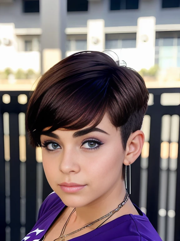 Photo of a -yeld Euean girl, RAW, beautiful woman, pecas en mejillas y nariz ,hermosos  ojos azules(Light brown hair pixie haircut),corte de cabello pixie ((retrato)), ((Cara detallada:1.2)), ((Detailed facial features)), (Piel finamente detallada) ,lindo maquillaje, Purple eyeshadows on eyelids (cool color), (Masutepiece) (proporciones perfectaotos realistas)(La mejor calidad), NffSW, (8k) (papel tapiz) (cinematic lighting) (Dramatic lighting) (sharp focus) (Enrevesado) , fondo variado , linda sonrisa, cuerpo completo, hermoso cuerpo , senos grandes ,  gargantilla negra , aretes en forma de clip, wears a purple t-shirt with a skull image, white belt, lilac skirt with checkered images, long boots with heel , foto de cuerpo completo , hermosa sonrisa 