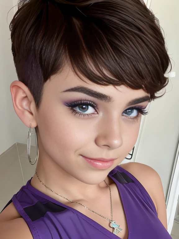 Photo of a -yeld Euean girl, RAW, beautiful woman, pecas en mejillas y nariz ,hermosos  ojos azules(Light brown hair pixie haircut),corte de cabello pixie ((retrato)), ((Cara detallada:1.2)), ((Detailed facial features)), (Piel finamente detallada) ,lindo maquillaje, Purple eyeshadows on eyelids (cool color), (Masutepiece) (proporciones perfectaotos realistas)(La mejor calidad), NffSW, (8k) (papel tapiz) (cinematic lighting) (Dramatic lighting) (sharp focus) (Enrevesado) , fondo variado , linda sonrisa, cuerpo completo, hermoso cuerpo , senos grandes ,  gargantilla negra , aretes en forma de clip, wears a purple t-shirt with a skull image, white belt, lilac skirt with checkered images, long boots with heel , foto de cuerpo completo , hermosa sonrisa 