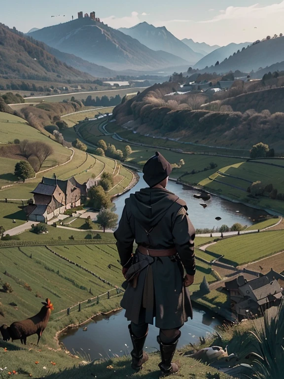 Cartoon style pictures ,(Europe),(Shoot from above),man,midnight,The overall color is black,farmer装束,rag,Brownish-gray, Ruined medieval village,farmland,river,torch,horse,farmer,Chicken and duck,sheep,ox,companion,Soldier,Laborde,agriculture,(hood,戴上hood,in the shadows,faceless,健壮的man, Strong, old),dynamic poses, ((Turn your back to the camera,look into the distance,not looking at camera)),