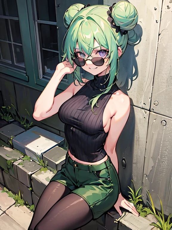 (highres), (best quality), (detailed) 1 girl, alone, medium hair, pastel green hair, twin buns, evil smile, violet eyes, round black sunglasses on head, black sleeveless turtleneck top, green shorts, dark brown boots, day time, abandoned place, wall, provoking pose