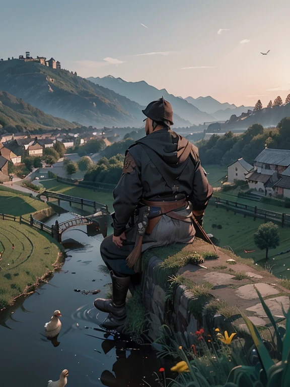 Cartoon style pictures ,(Europe),(Shoot from above),man,midnight,The overall color is black,farmer装束,rag,Brownish-gray, Ruined medieval village,farmland,river,torch,horse,farmer,Chicken and duck,sheep,ox,companion,Soldier,Laborde,agriculture,(hood,farmerhood,戴上hood,in the shadows,faceless,健壮的man, Strong, old),dynamic poses, ((Turn your back to the camera,look into the distance,not looking at camera)),