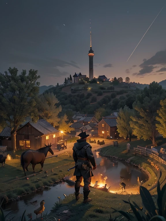 Cartoon style pictures ,(Europe),(Shoot from above),man,midnight,The overall color is black,farmer装束,rag,Brownish-gray, Ruined medieval village,farmland,river,torch,horse,farmer,Chicken and duck,sheep,ox,companion,Soldier,Laborde,agriculture,(hood,farmerhood,戴上hood,in the shadows,faceless,健壮的man, Strong, old),dynamic poses, ((Turn your back to the camera,look into the distance,not looking at camera)),