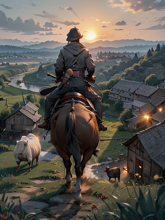 Cartoon style pictures ,(Europe),(Shoot from above),man,midnight,The overall color is black,farmer装束,rag,Brownish-gray, Ruined medieval village,farmland,river,torch,horse,farmer,Chicken and duck,sheep,ox,companion,Soldier,Laborde,agriculture,(hood,farmerhood,戴上hood,in the shadows,faceless,健壮的man, Strong, old),dynamic poses, ((Turn your back to the camera,look into the distance,not looking at camera)),