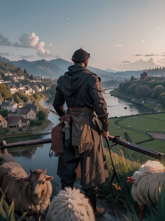  Cartoon style pictures ，(Europe)，（Shoot from above），man,midnight，The overall color is black，farmer装束，rag，Brownish-gray， Ruined medieval village，farmland，river，torch，horse，farmer，Chicken and duck，sheep，ox，companion，Soldier，Laborde，agriculture，(hood，farmerhood，戴上hood，in the shadows，faceless，健壮的man, Strong, old),dynamic poses， ((Turn your back to the camera，look into the distance，not looking at camera)), 