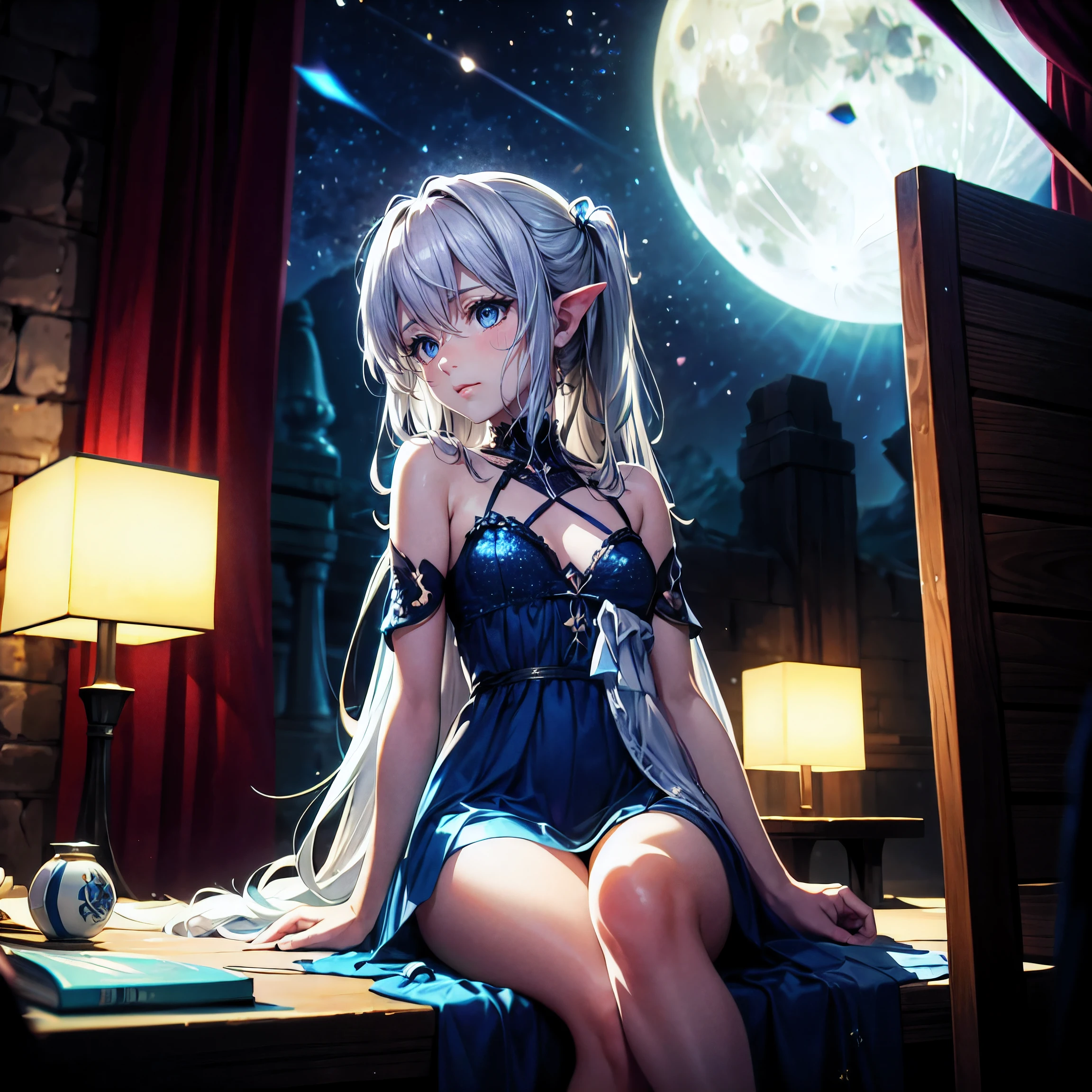 (masterpiece,best quality,ultra-detailed), CG, award winning, ccurate, UHD, textured skin, chromatic aberration, perfect anatomy, Fujicolor, fantasy, 1 young nymph sitting aside stream near the ruin, at night, fantastical starry sky, small breasts, short body, silver semi-long hair, innocent blue eyes, wearing graceful azure dress, resting, light particles, moon light, illusory scene