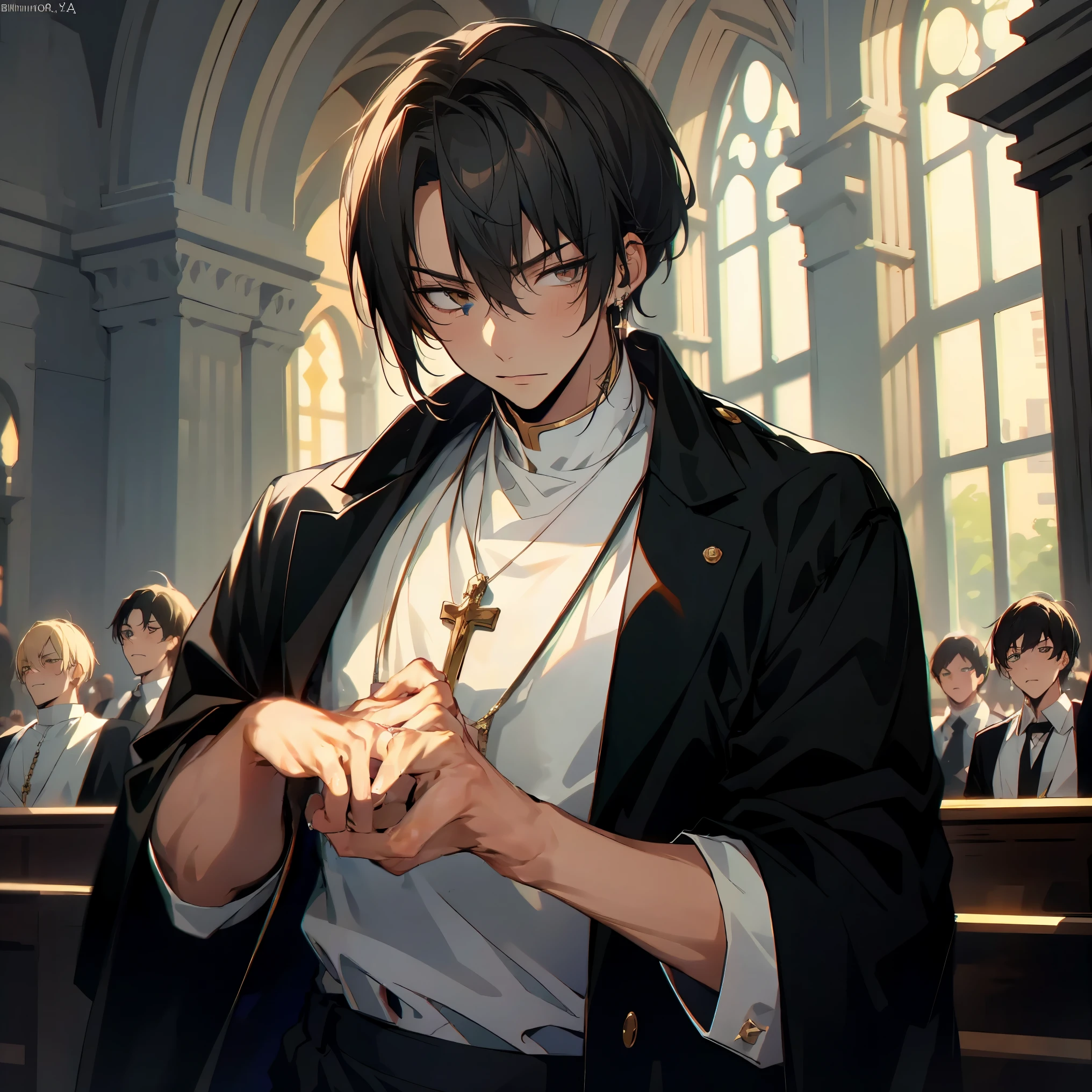 Male adult character, short hair, priest, religious, catholic priest clothes, judgy stare, dark hair, on a church looking at camera, suspicious character, handsome, bishonen, pixiv art, masterpiece, sharp and defined drawing, good quality