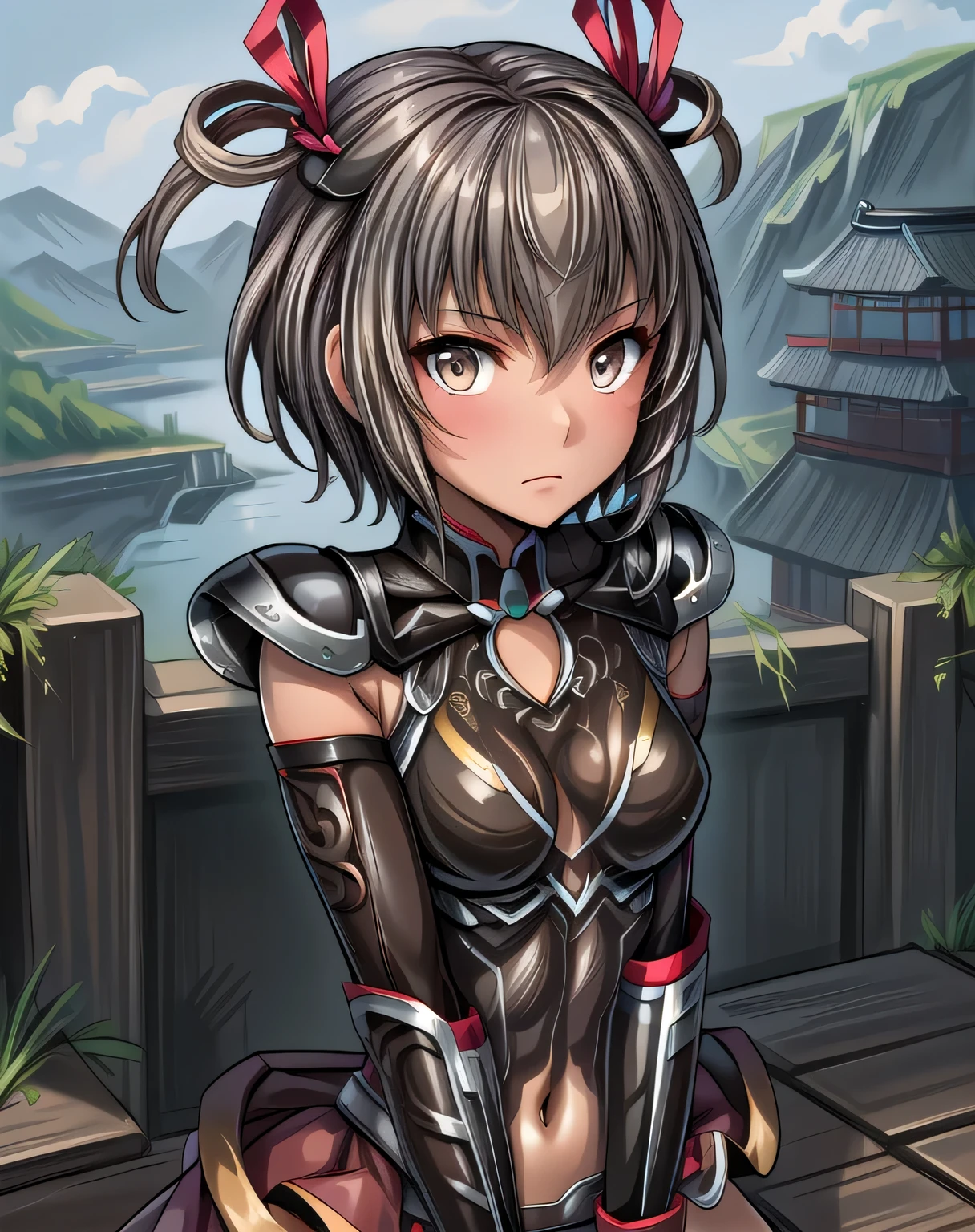 best quality, (masterpiece:1.2), illustration, absurdres, (1girl, solo), (beautiful detailed girl), Lu Lingqi, grey hair, brown eyes, short hair, headpiece, feathers, , hair ribbon, black leotard, taimanin suit, elbow gloves, fur trim, fingerless gloves, frilled leotard, thigh boots, grassy mountains, trees, japanese architecture, river, plants,, hands between legs, (upper body,),, looking at viewer, confident, proud, small 
