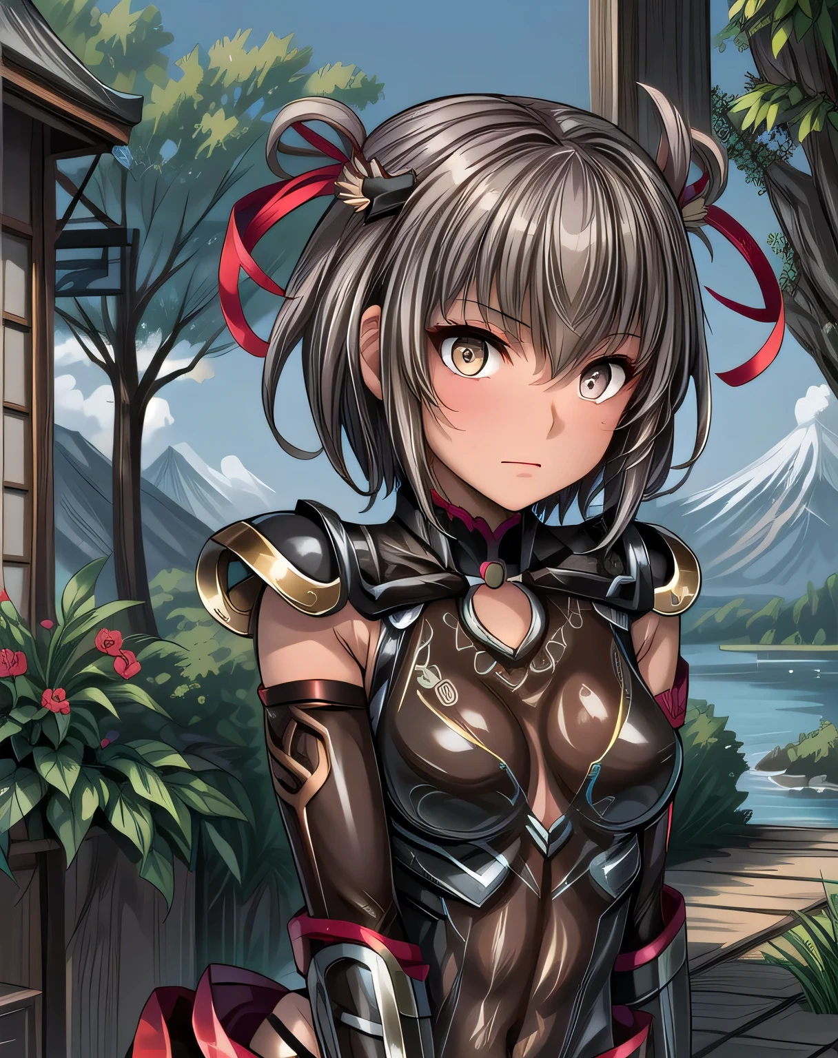 best quality, (masterpiece:1.2), illustration, absurdres, (1girl, solo), (beautiful detailed girl), Lu Lingqi, grey hair, brown eyes, short hair, headpiece, feathers, Bodysuit, hair ribbon, black leotard, taimanin suit, elbow gloves, fur trim, fingerless gloves, frilled leotard, thigh boots, grassy mountains, trees, japanese architecture, river, plants,, hands between legs, (upper body,),, looking at viewer, confident, proud, small breasts