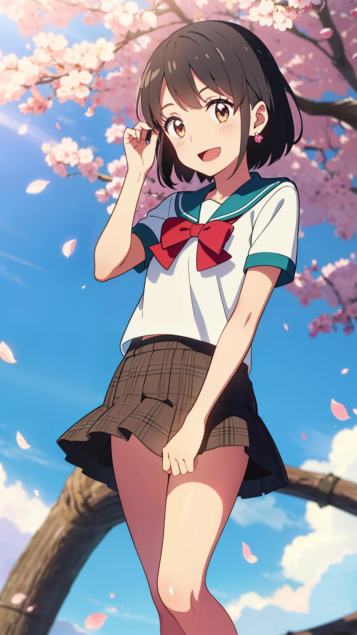 modelshoot style, masterpiece, absurdres, best quality, perfect anatomy, shinkai makoto, kimi no na wa., 1girl, bangs, black hair, brown eyes, blush, solo, idol, short hair, hair flower, ribbon, bow, standing on one leg, armlet, bracelet, arm ribbon, thighhighs, outstretched arm, petals, red headband, floating hair, dynamic pose, cinematic angle, cowboy shot, light particles, sparkle, beautiful detailed eyes, shiny skin, shiny hair, sunbeam, wide shot, depth of field, backlighting, day, beautiful clouds, gradient sky, dappled sunlight, contrail, outdoors, reflective floor, park, flowery meadow, wind, cute, smile, open mouth, :D, cheerleader, pom pom \(cheerleading\), collarbone, layered skirt, pleated skirt, short sleeves, outdoors, school
