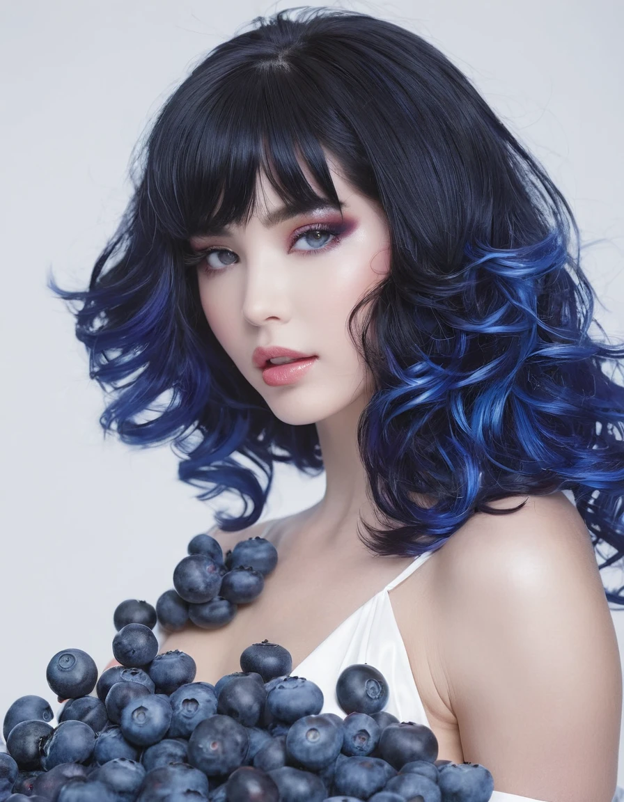 1girl, ((blueberry,fruits)),white background, black hair,stephen lau and artgerm, as seen on artgerm, artgerm julie bell beeple, stanley artgerm lau, artgerm and ben lo, portrait , artgerm on artstation pixiv, posing for photoshoot, beautiful sexy and beautiful and attractive
