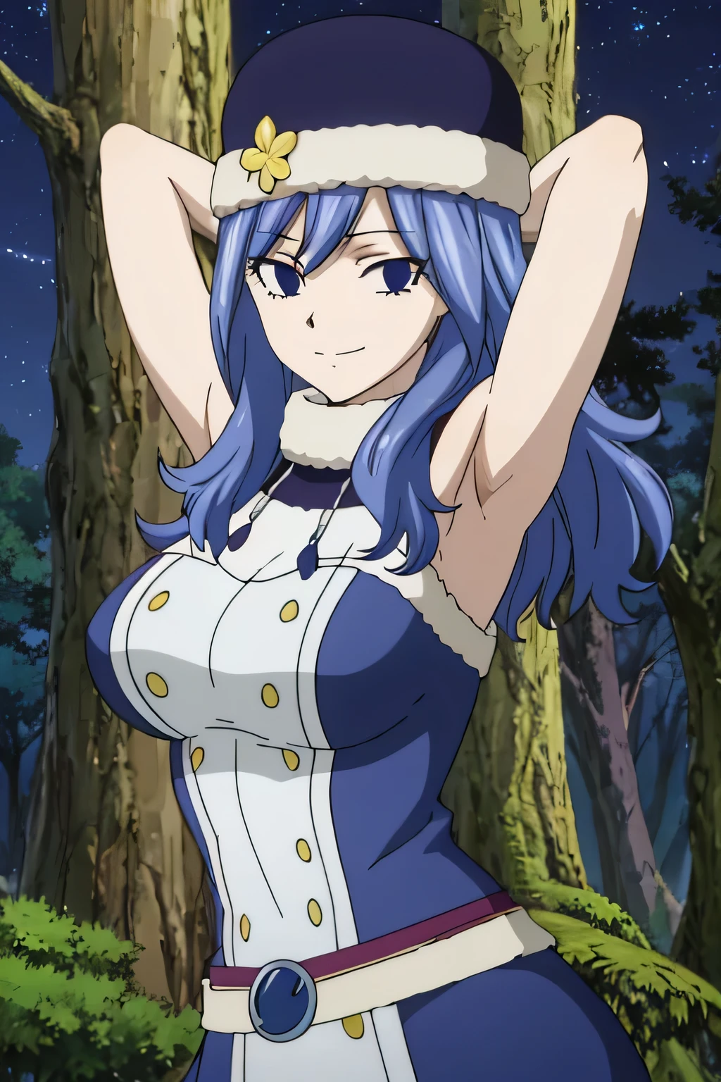 masterpiece, absurdres , (intricate details), (colorful), bust shot, extremely detailed CG unity 8k wallpaper, juviagmg, 1girl, looking at viewer, solo, night sky, forest, arms behind head, contrapposto, spread armpits, closed mouth, smile, upper body,