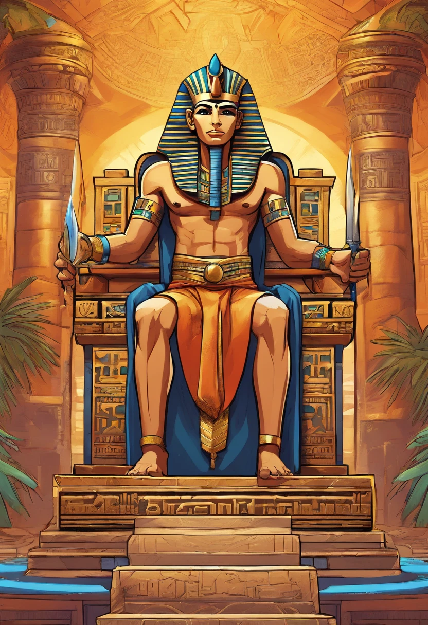 (an angry screaming pharaoh sitting on his throne, detailed Egyptian headdress, detailed throne, gold accents, ancient Egyptian style, majestic lighting, vibrant colors, hieroglyphic inscriptions, regal expression, carved stone statues, lush palace surroundings)