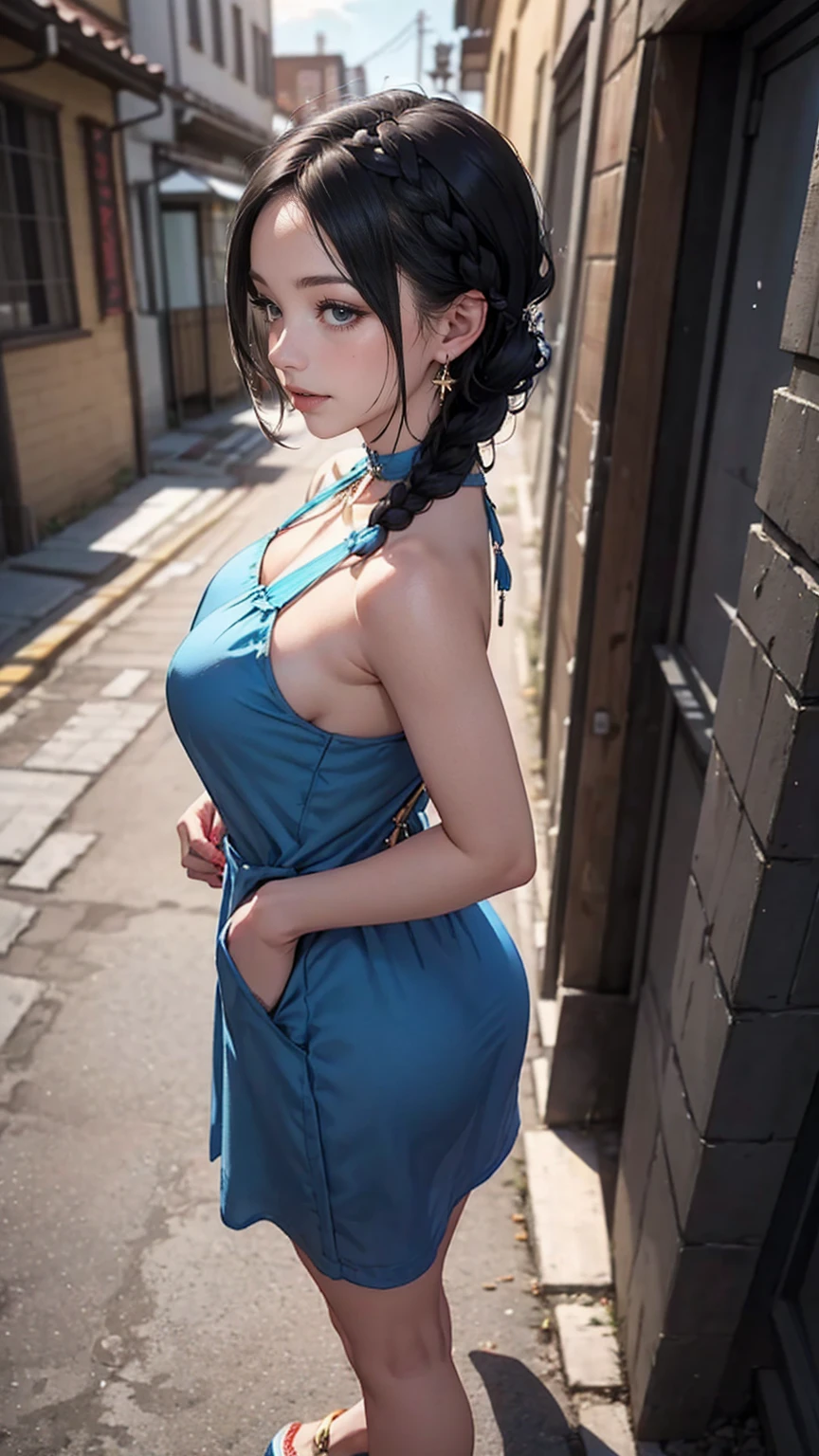 Bulma com ,Cabelos azuis, olhos azuis, traje espacial transparente, corpo inteiro a mostra, bumbum e seios