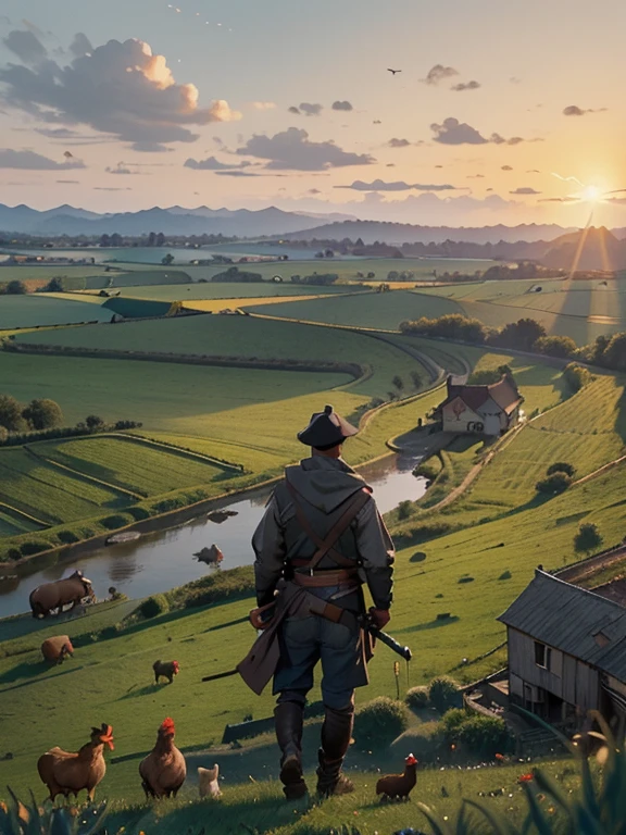 Cartoon style pictures ,(Europe),(Shoot from above),man,midnight,The overall color is black,farmer装束,rag,Brownish-gray, The ruined countryside of the Western Middle Ages,Western-style wooden building,farmland,river,torch,horse,farmer,Chicken and duck,sheep,ox,companion,Soldier,Laborde,agriculture,(hood,farmerhood,戴上hood,in the shadows,faceless,健壮的man, Strong, old),dynamic poses, ((Turn your back to the camera,look into the distance,not looking at camera)),