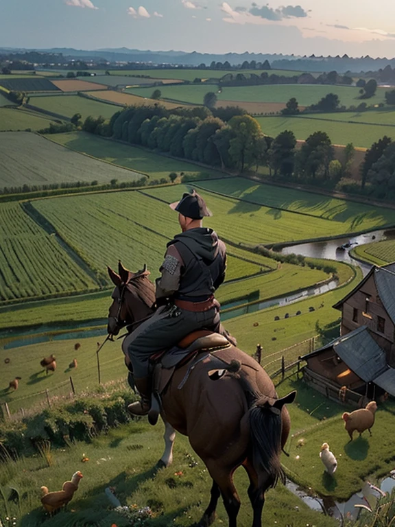  Cartoon style pictures ，(Europe)，（Shoot from above），man,midnight，The overall color is black，farmer装束，rag，Brownish-gray， The ruined countryside of the Western Middle Ages，Western-style wooden building，farmland，river，torch，horse，farmer，Chicken and duck，sheep，ox，companion，Soldier，Laborde，agriculture，(hood，farmerhood，戴上hood，in the shadows，faceless，健壮的man, Strong, old),dynamic poses， ((Turn your back to the camera，look into the distance，not looking at camera)), 